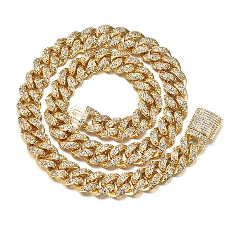 12mm Diamond Cuban Chain – White or Yellow Gold Finish