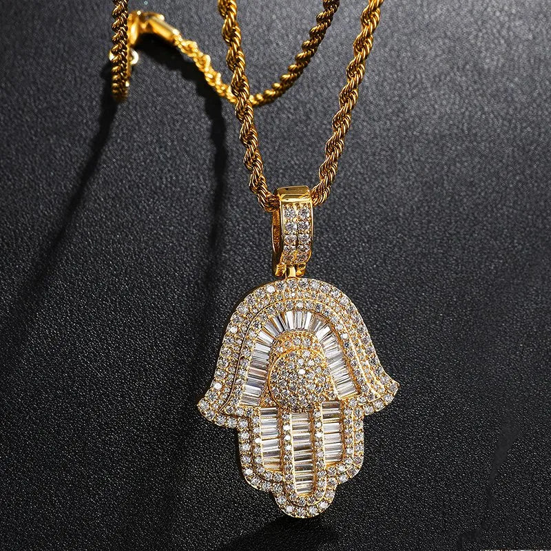 Baguette Hamsa Hand Pendant – White or Yellow Gold Finish