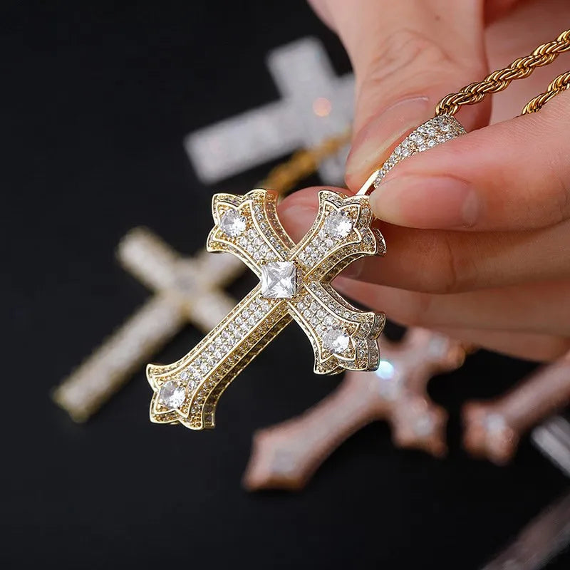 Cubic Zirconia Cross Pendant – White or Yellow Gold Finish