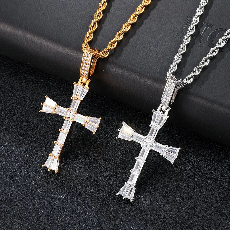 Baguette Cross Pendant – White or Yellow Gold Finish