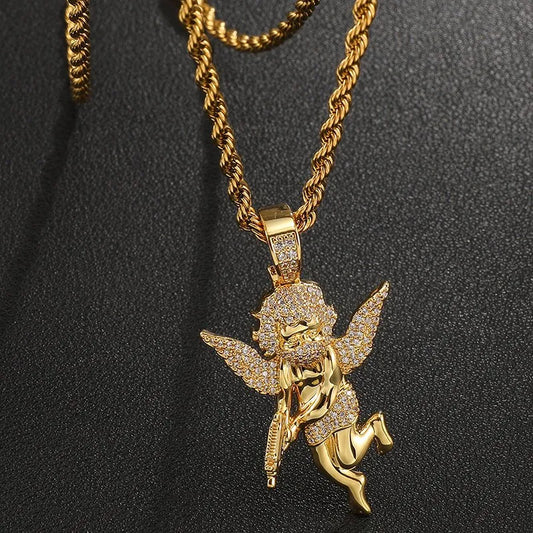 Masked Angel Pendant – White or Yellow Gold Finish