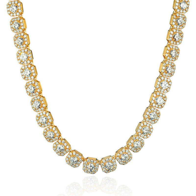11mm Clustered Tennis Chain – White or Yellow Gold Finish