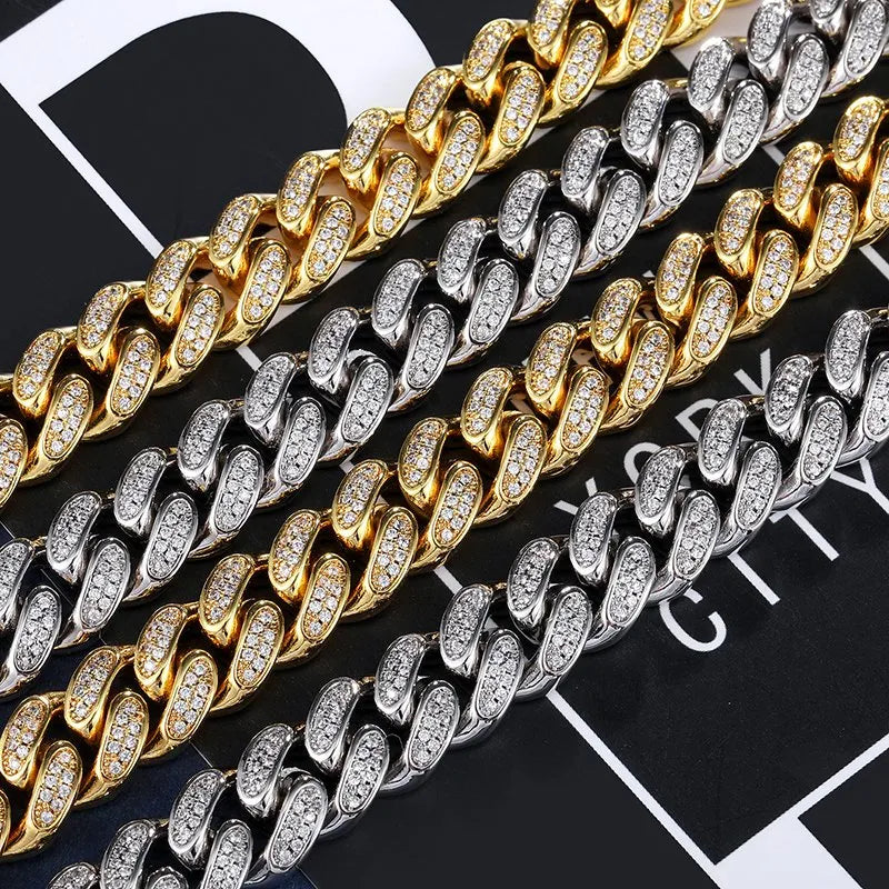 12mm Diamond Cuban Chain – White or Yellow Gold Finish