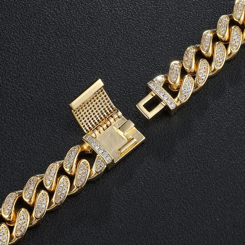 12mm Diamond Cuban Chain – White or Yellow Gold Finish