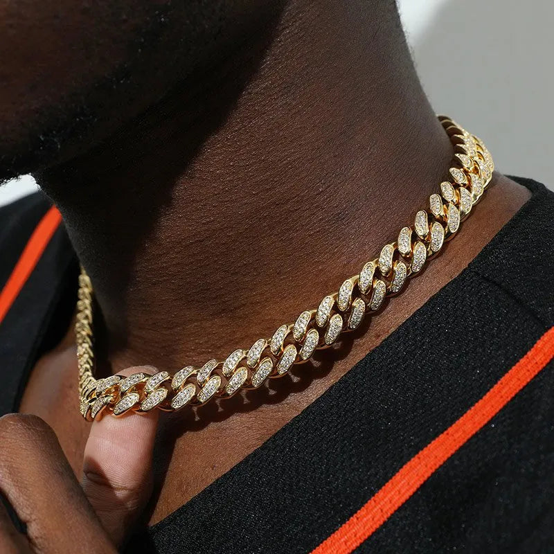 12mm Diamond Cuban Chain – White or Yellow Gold Finish