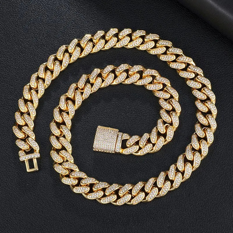 12mm Diamond Cuban Chain – White or Yellow Gold Finish