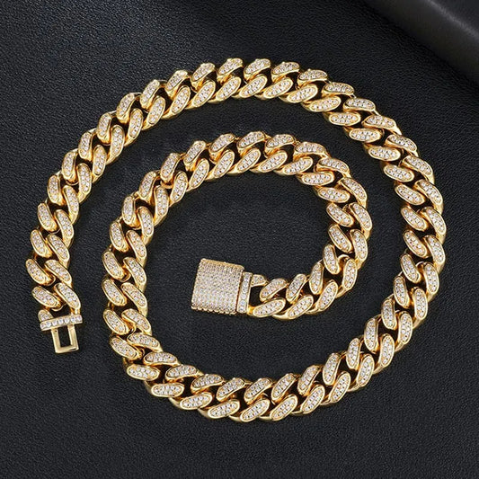 12mm Diamond Cuban Chain – White or Yellow Gold Finish