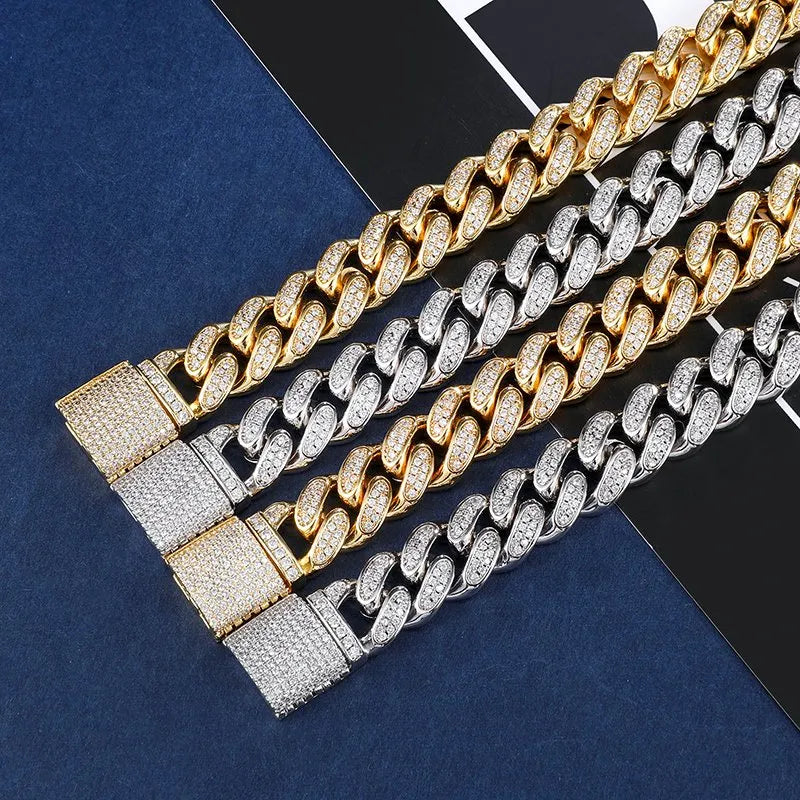 12mm Diamond Cuban Chain – White or Yellow Gold Finish