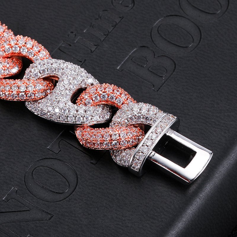 15mm Diamond Cuban Link Chain – White & Rose Gold Finish