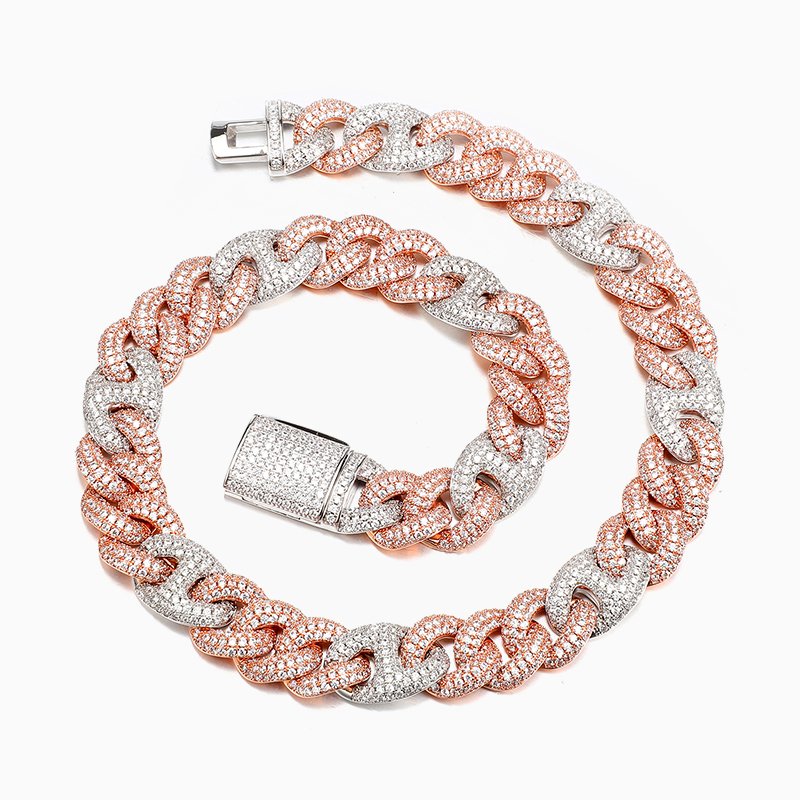 15mm Diamond Cuban Link Chain – White & Rose Gold Finish