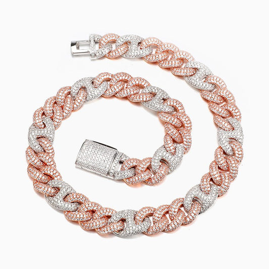 15mm Diamond Cuban Link Chain – White & Rose Gold Finish