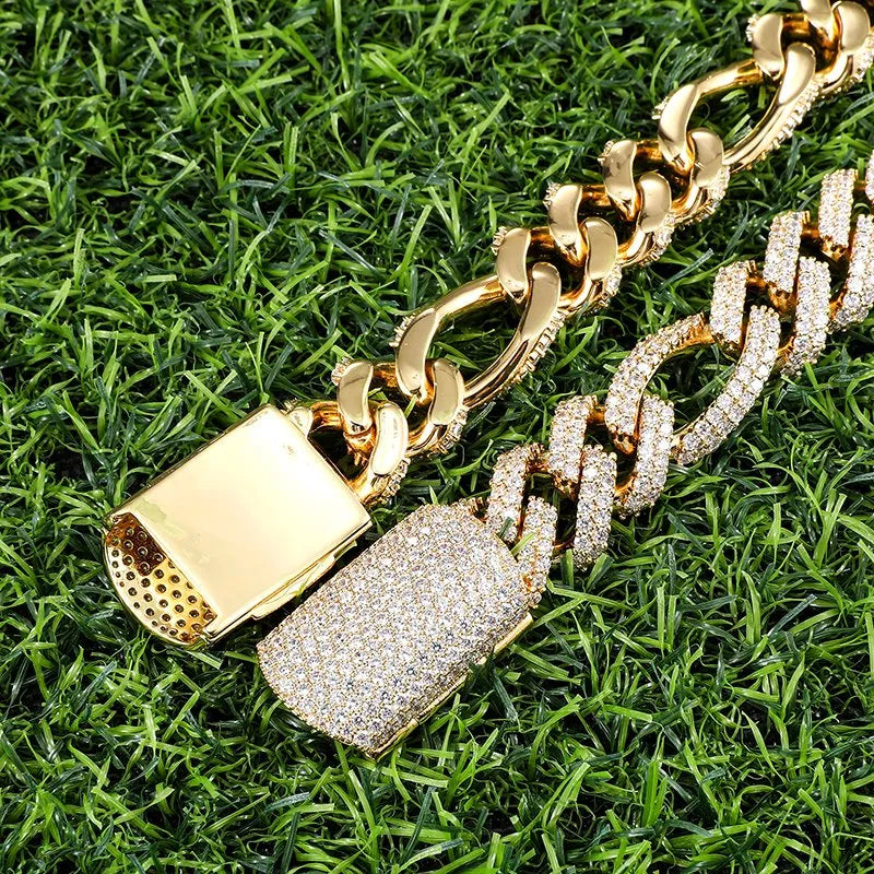 18mm Diamond Figaro Chain – White or Yellow Gold Finish