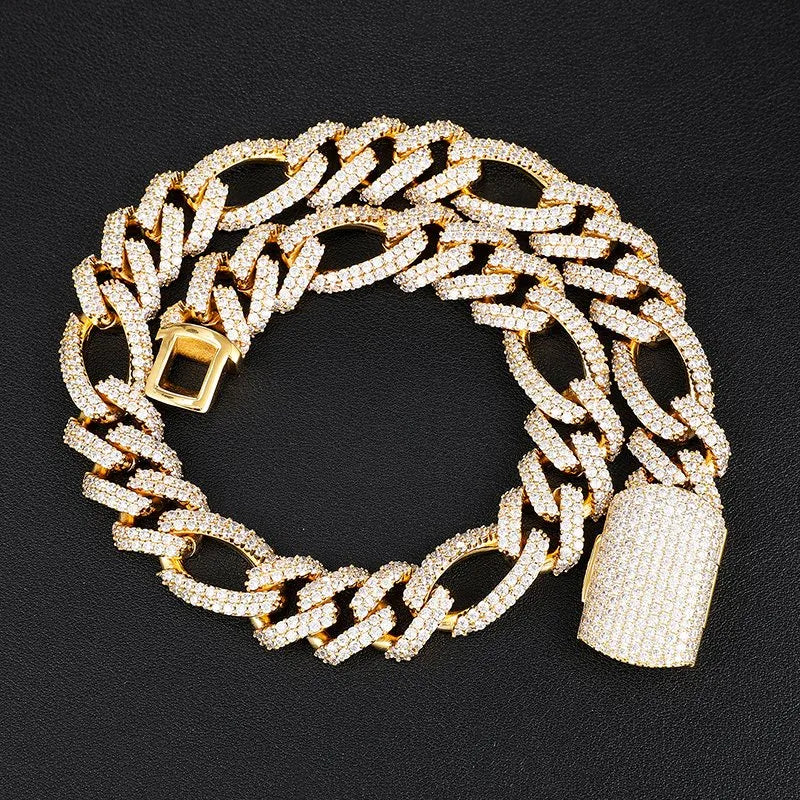 18mm Diamond Figaro Chain – White or Yellow Gold Finish