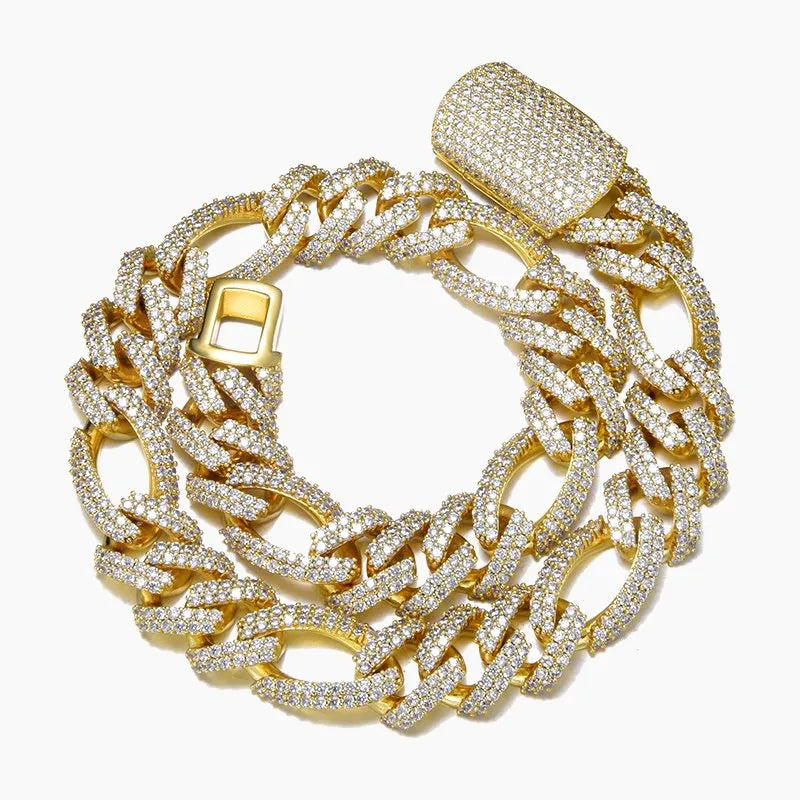 18mm Diamond Figaro Chain – White or Yellow Gold Finish