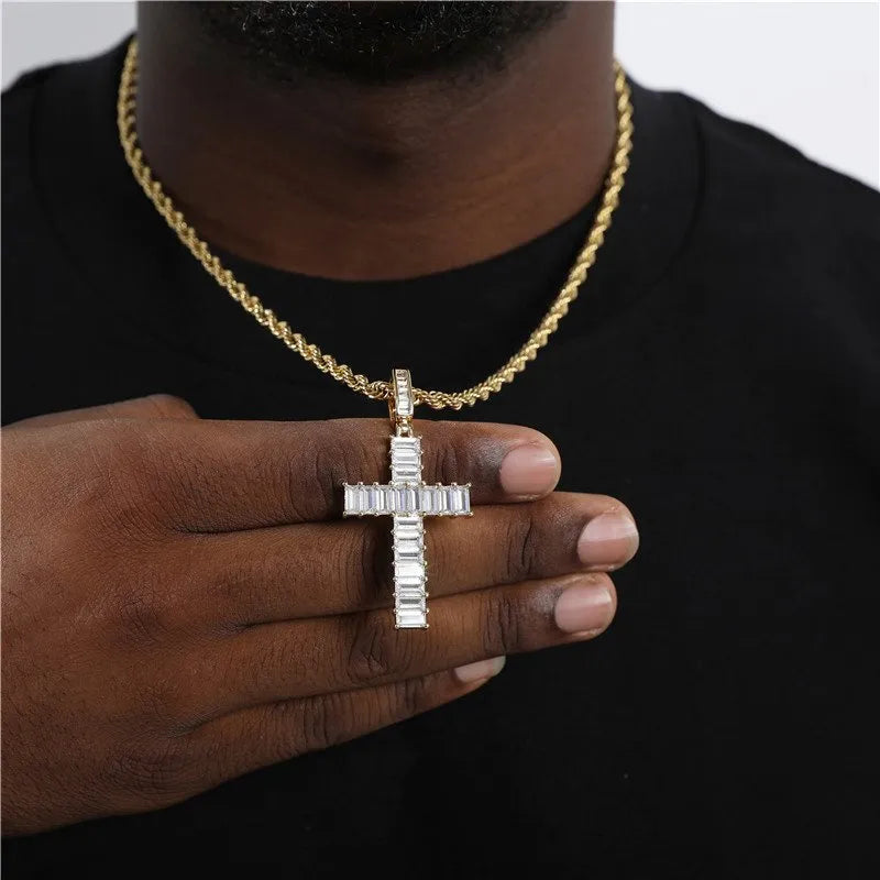 Baguette Cross Pendant – White or Yellow Gold Finish