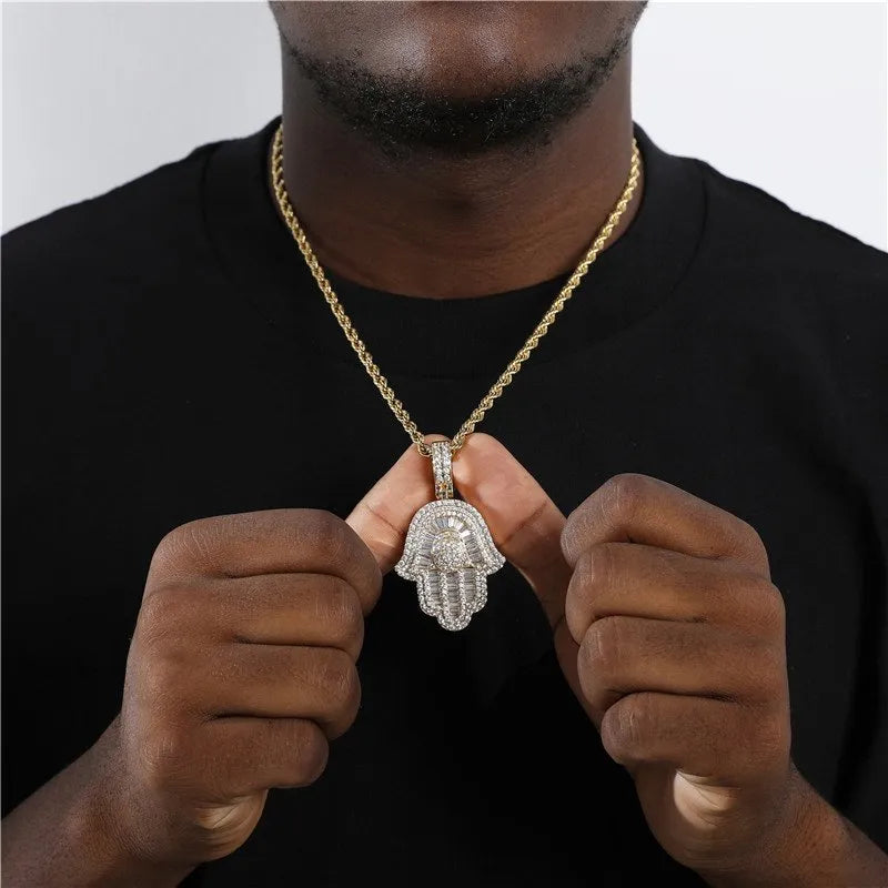 Baguette Hamsa Hand Pendant – White or Yellow Gold Finish