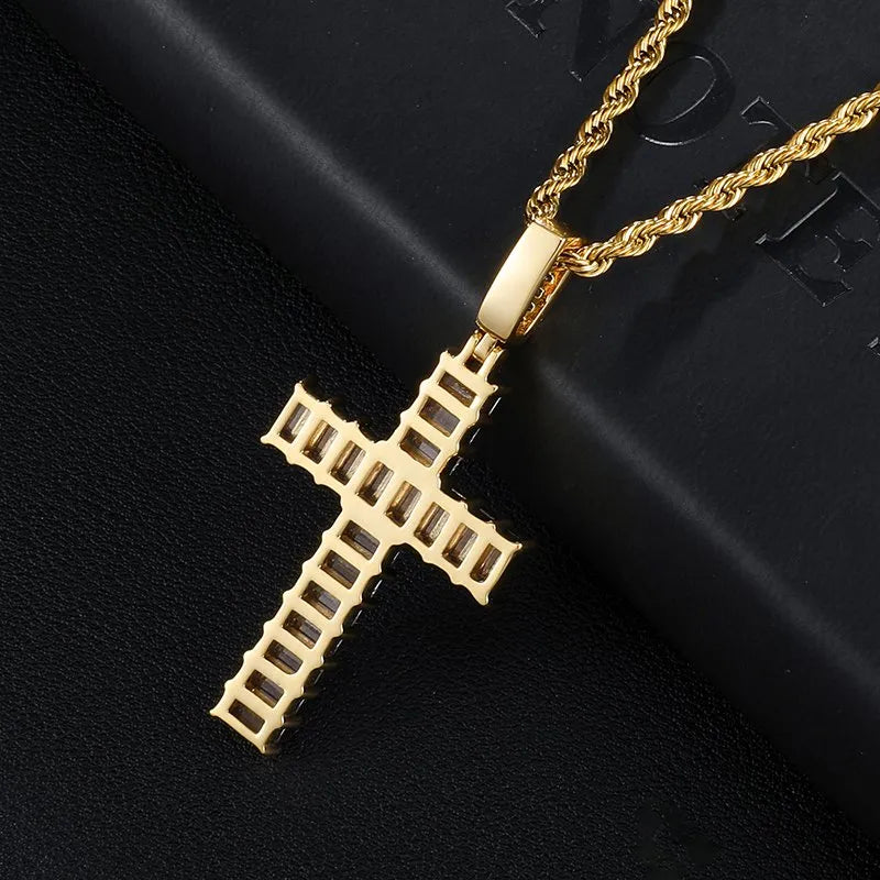 Baguette Cross Pendant – White or Yellow Gold Finish