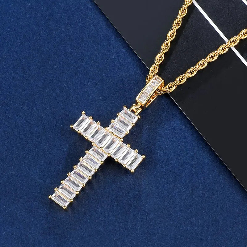 Baguette Cross Pendant – White or Yellow Gold Finish