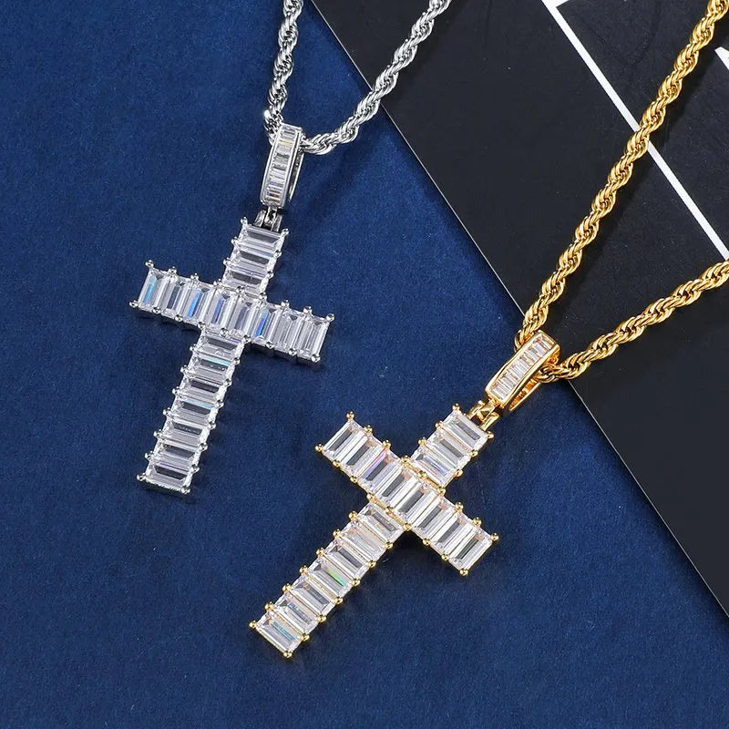 Baguette Cross Pendant – White or Yellow Gold Finish
