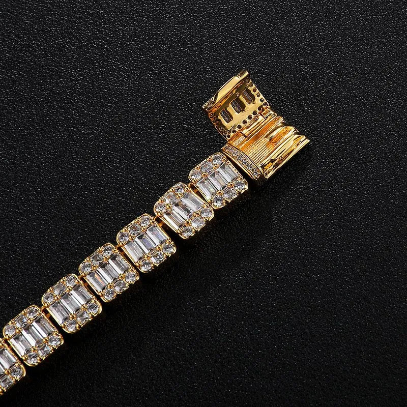 9mm Baguette Tennis Chain – White or Yellow Gold Finish