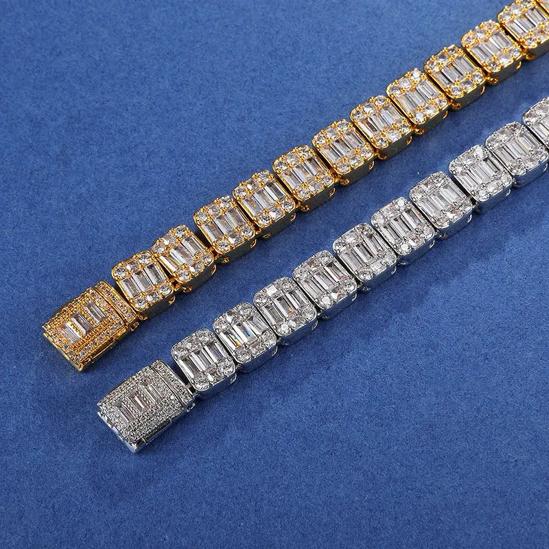 9mm Baguette Tennis Chain – White or Yellow Gold Finish