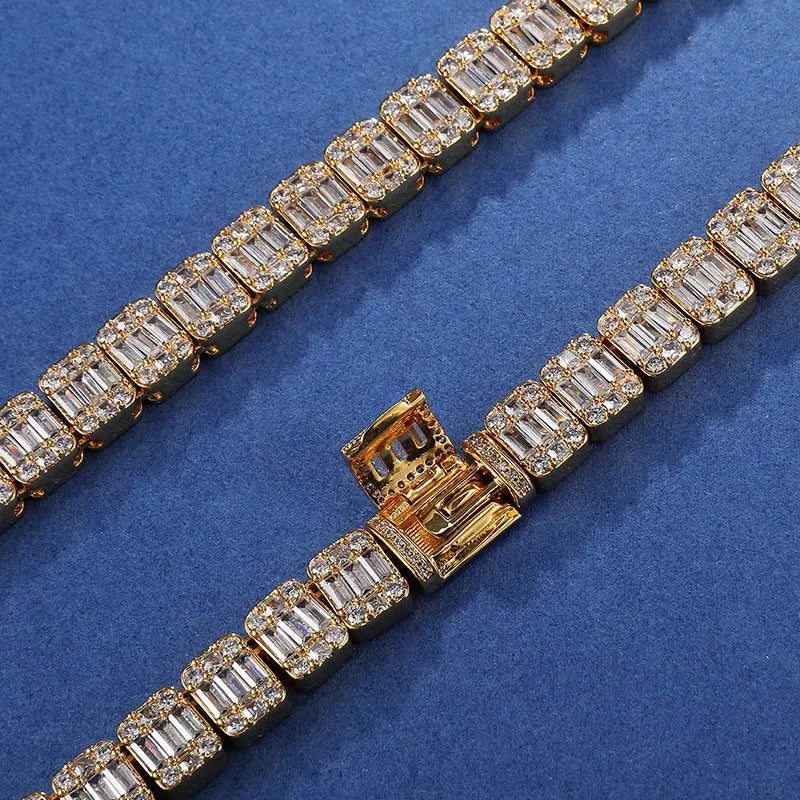 9mm Baguette Tennis Chain – White or Yellow Gold Finish