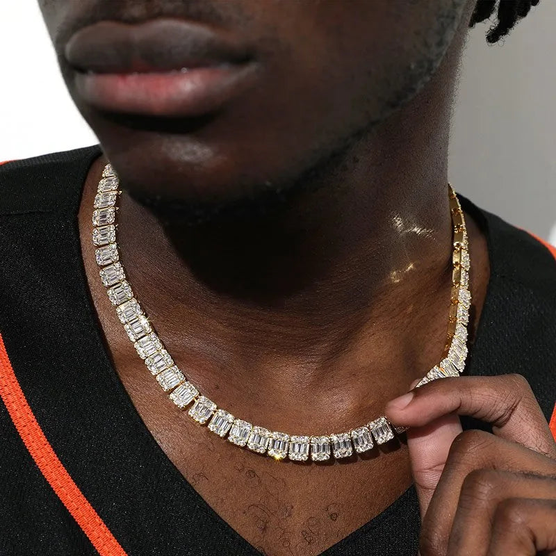 9mm Baguette Tennis Chain – White or Yellow Gold Finish