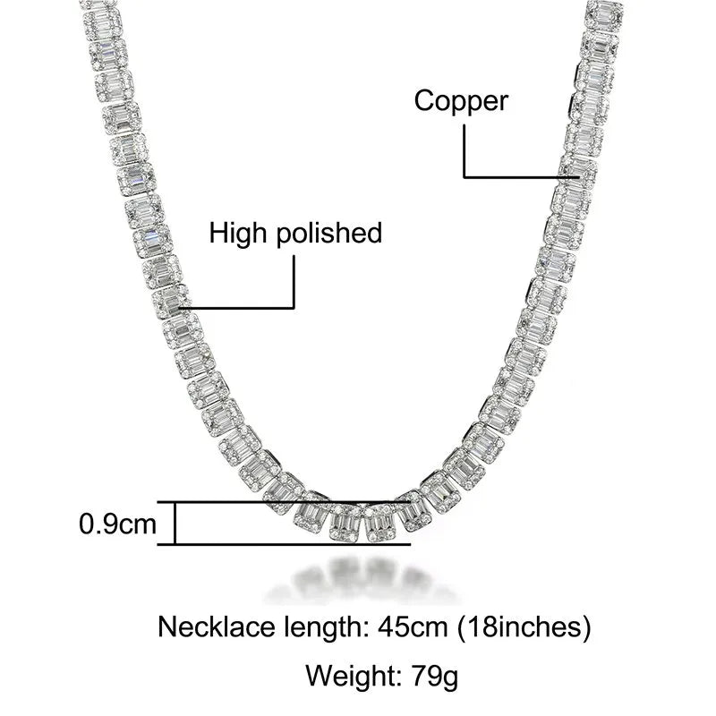 9mm Baguette Tennis Chain – White or Yellow Gold Finish