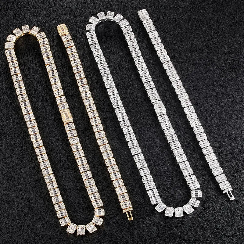 9mm Baguette Tennis Chain – White or Yellow Gold Finish