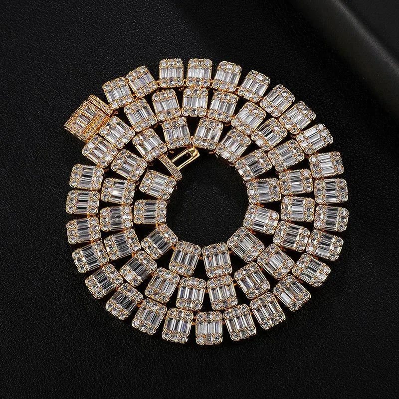 9mm Baguette Tennis Chain – White or Yellow Gold Finish