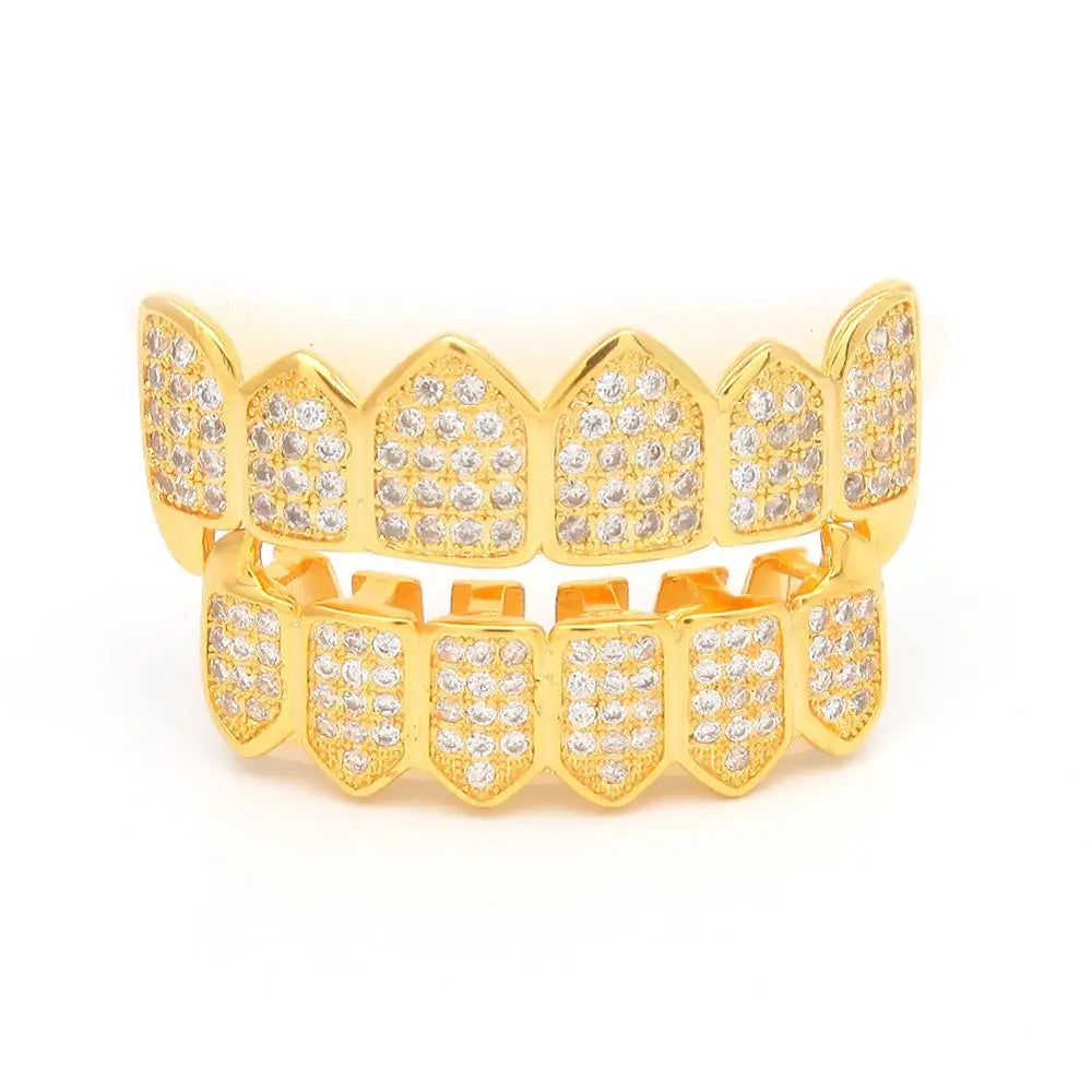 Iced Fang Grillz Set Top and Bottom – Gold, Platinum, or Two‑Tone Finish