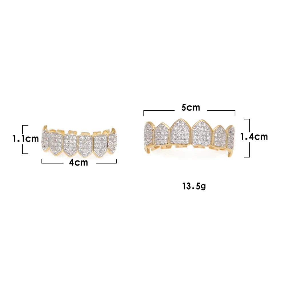 Iced Fang Grillz Set Top and Bottom – Gold, Platinum, or Two‑Tone Finish