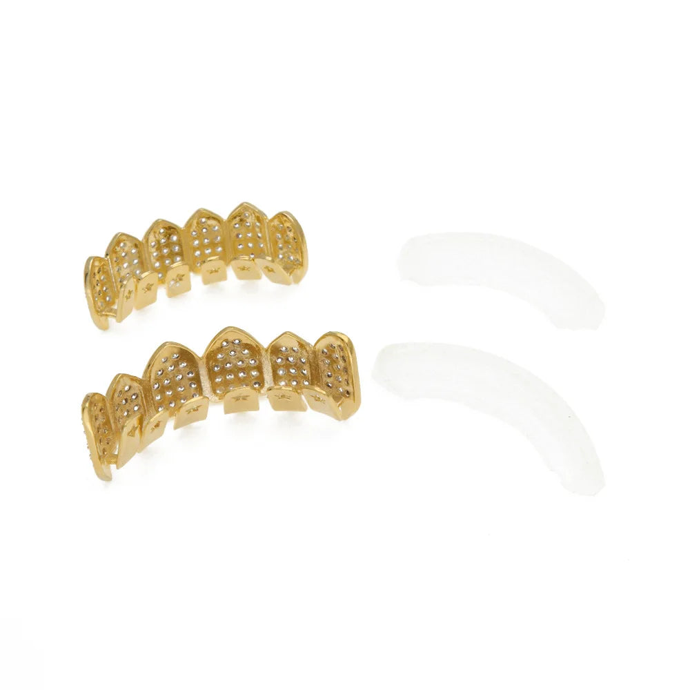 Iced Fang Grillz Set Top and Bottom – Gold, Platinum, or Two‑Tone Finish