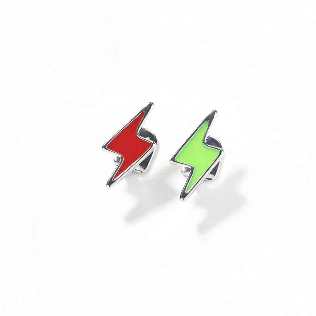 Two colorful lightning bolt-shaped earrings on a white background with 'ICEDRIP' branding.