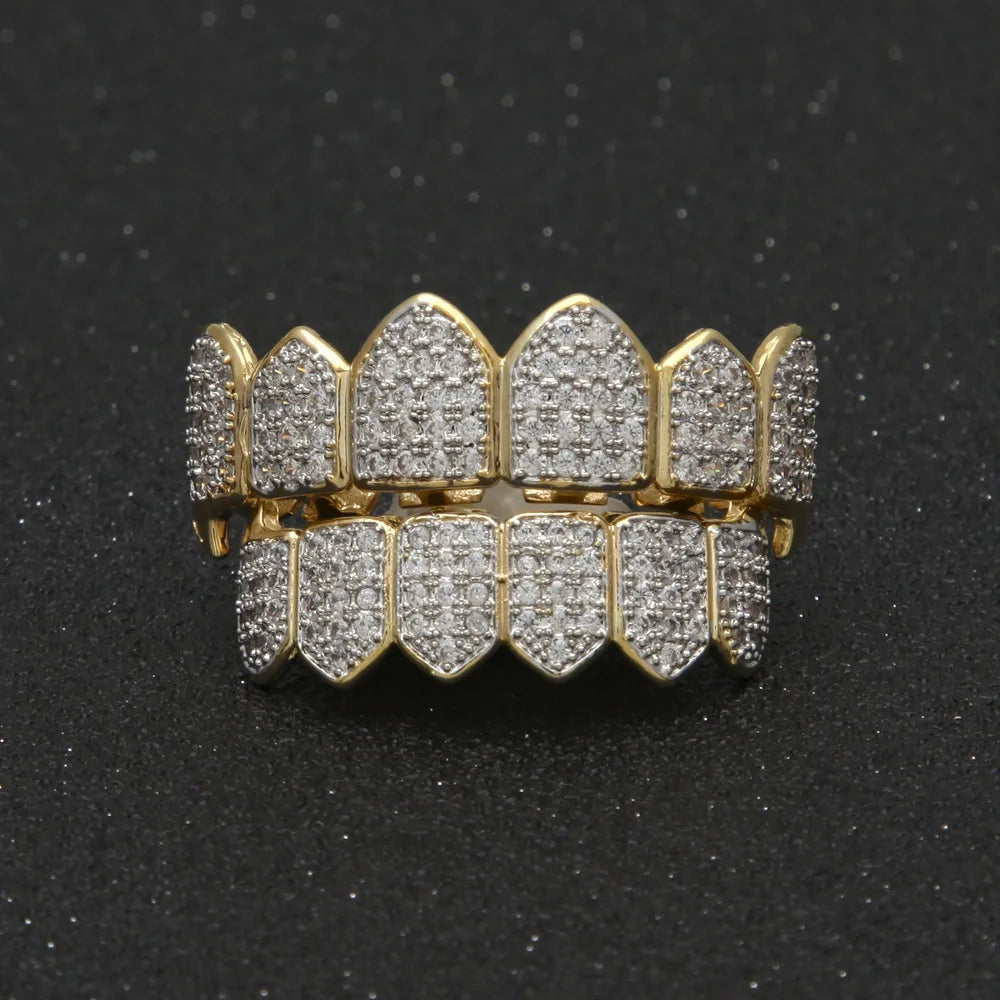 Iced Fang Grillz Set Top and Bottom – Gold, Platinum, or Two‑Tone Finish