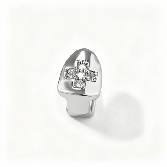 Silver ring with a cross design on a white background, featuring the brand 'ICEDRIP'.