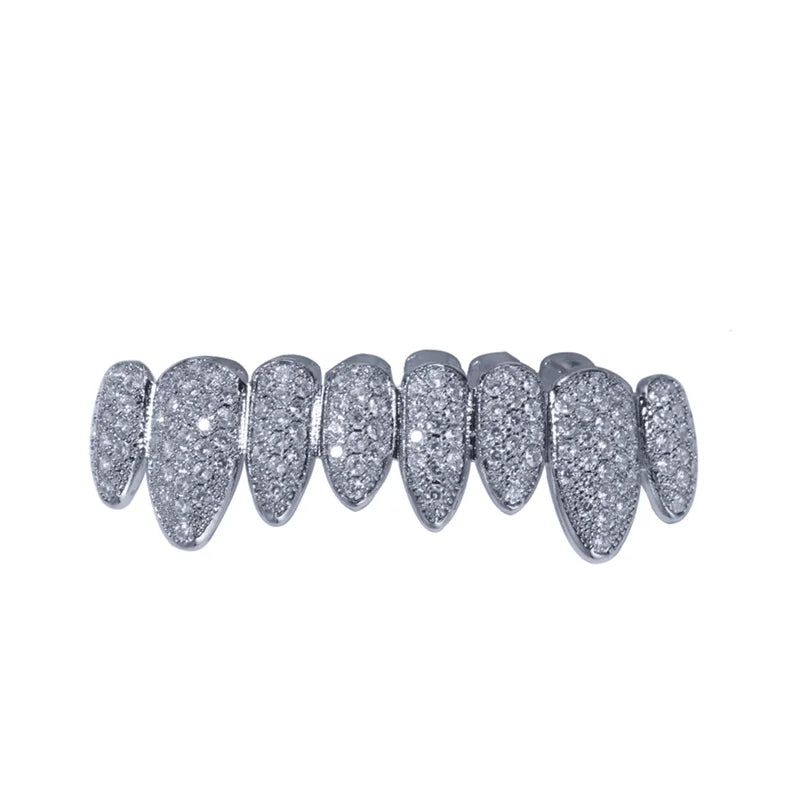 Silver Plated Irregular Fang Grillz Set – Iced CZ
