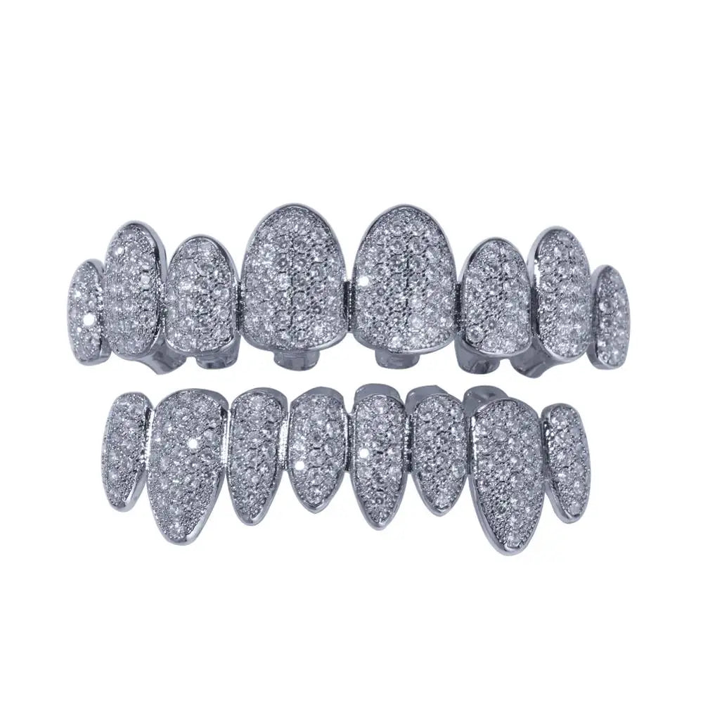 Silver Plated Irregular Fang Grillz Set – Iced CZ