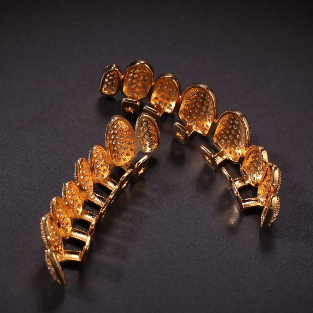 18K Gold Plated Irregular Fang Grillz Set – Iced CZ