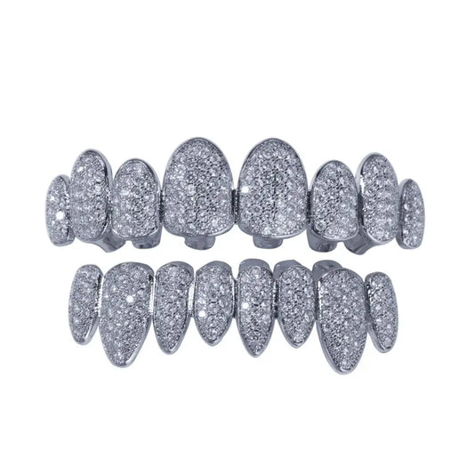 Silver Plated Irregular Fang Grillz Set – Iced CZ
