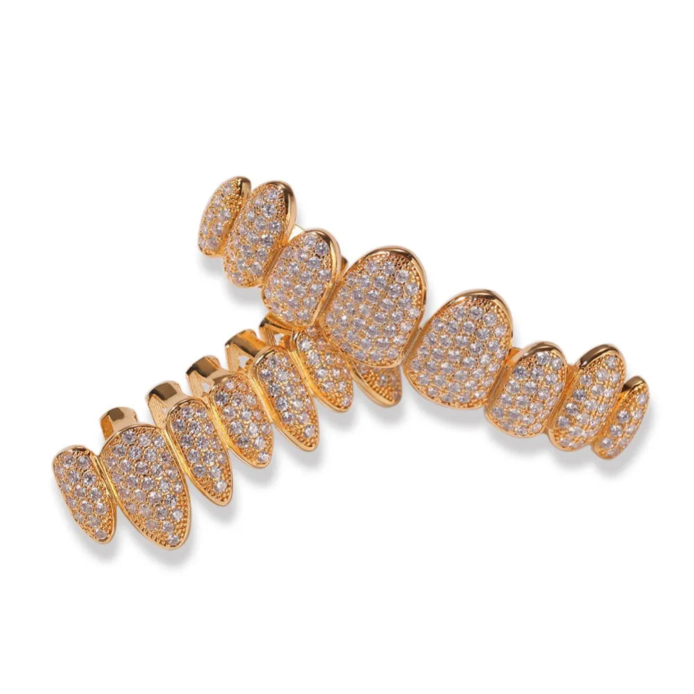 18K Gold Plated Irregular Fang Grillz Set – Iced CZ