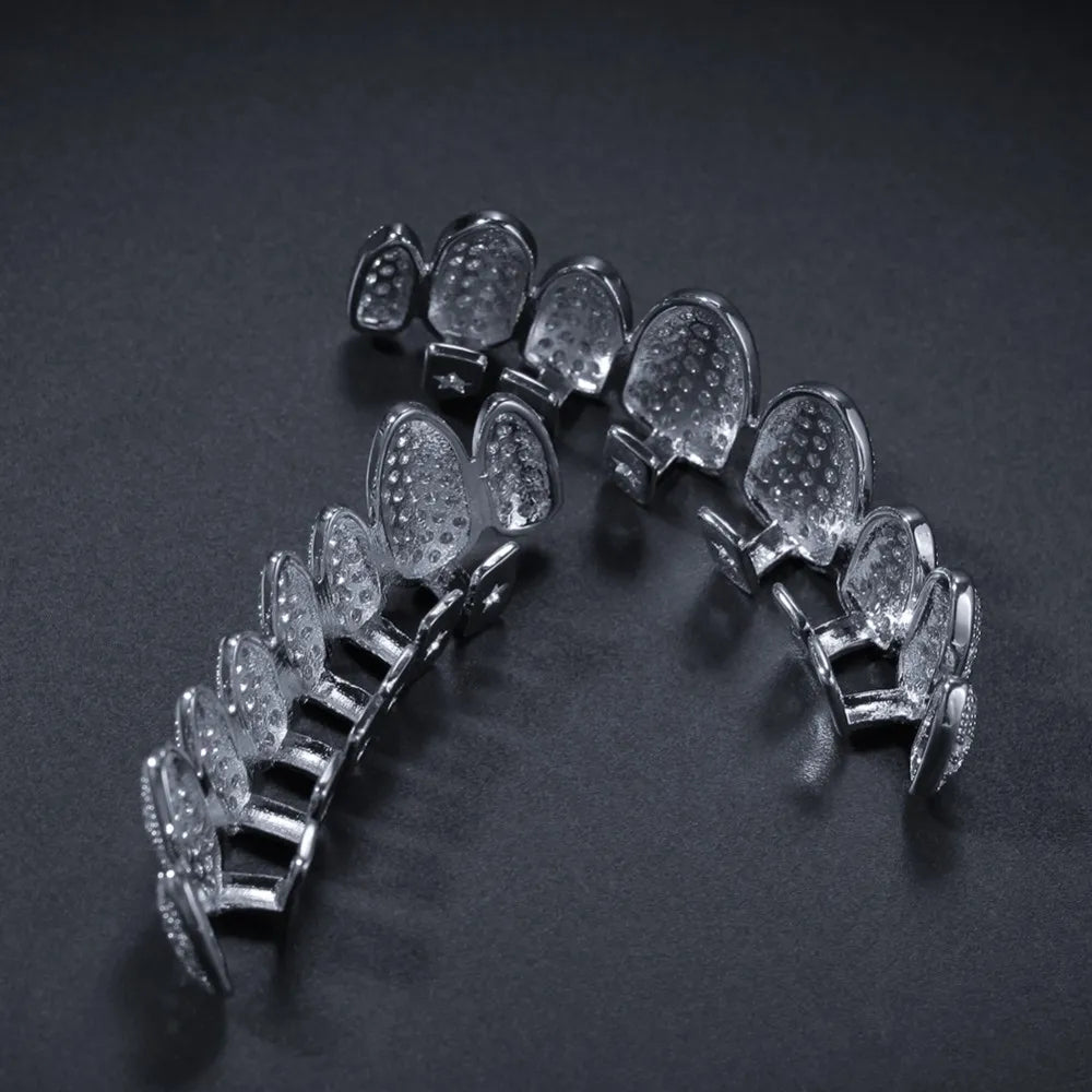 Silver Plated Irregular Fang Grillz Set – Iced CZ