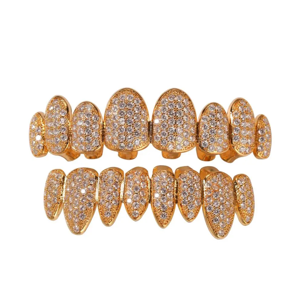 18K Gold Plated Irregular Fang Grillz Set – Iced CZ