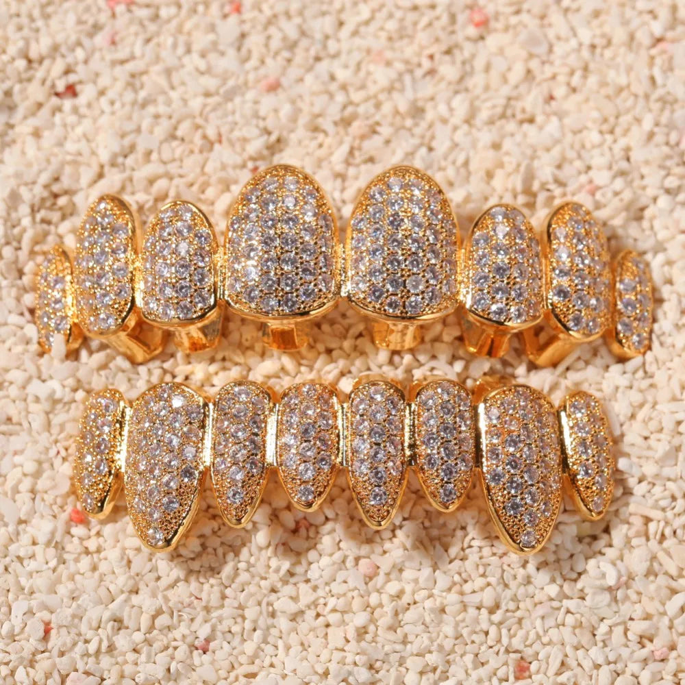 18K Gold Plated Irregular Fang Grillz Set – Iced CZ
