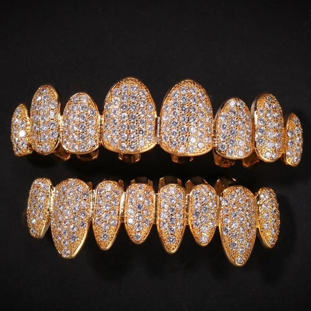 18K Gold Plated Irregular Fang Grillz Set – Iced CZ