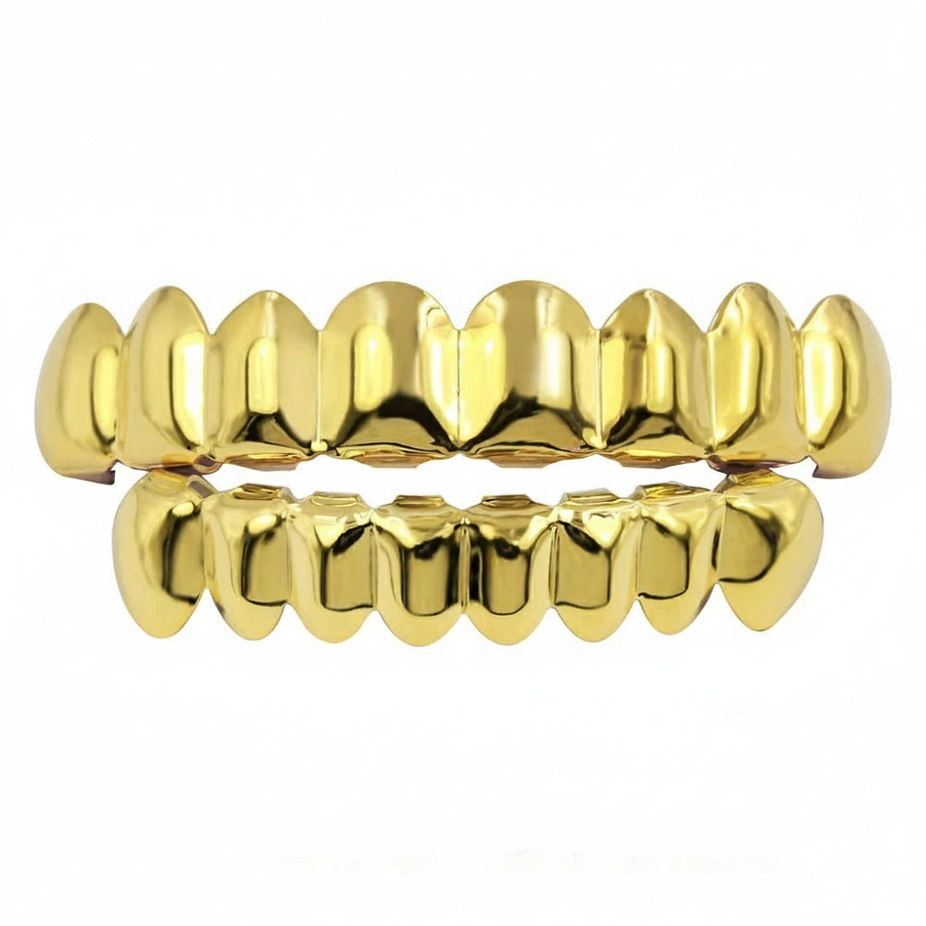 Gold tooth-shaped jewelry on a white background with 'ICEDRIP' branding.