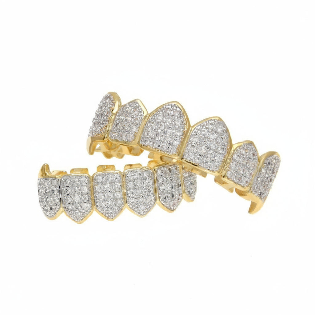 Two‑Tone Iced Fang Grillz Set– Gold & Platinum Finish