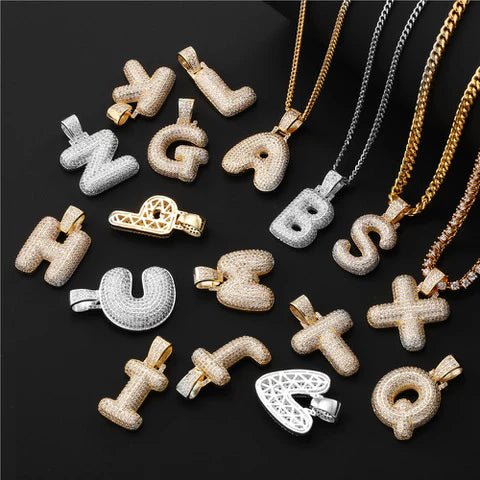 Bubble Letter Initial Pendant – White or Yellow Gold Finish – CZ Prong Set – Free Rope Chain