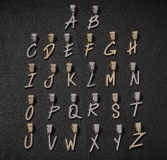 Tennis Script Initial Pendant – White or Yellow Gold Finish – CZ Prong Set – Free Rope Chain