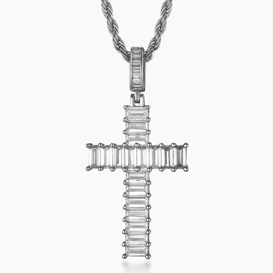 Baguette Cross Pendant – White or Yellow Gold Finish